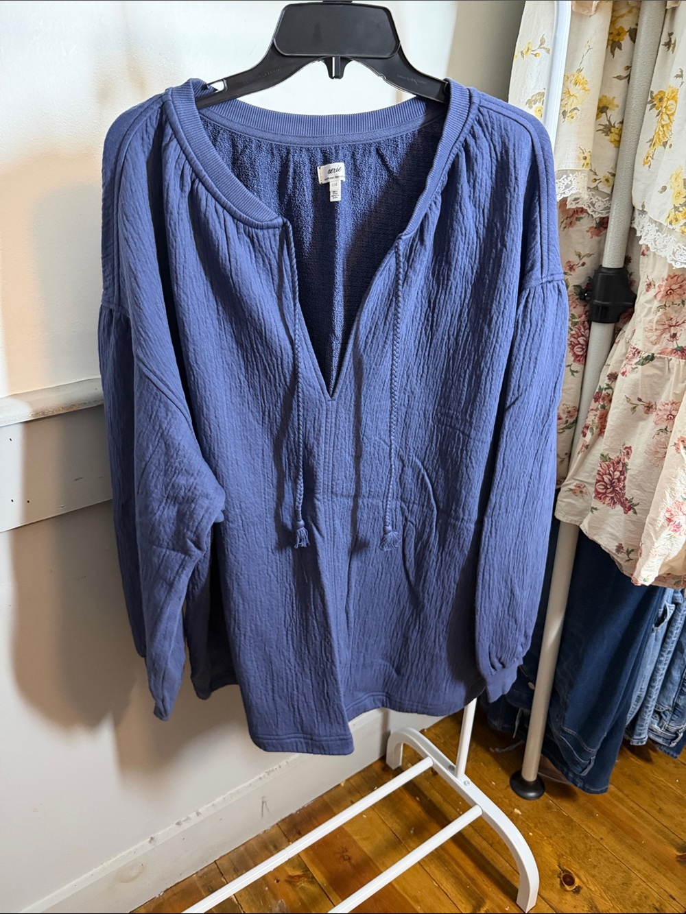 Aerie Cozy Split-Neck Pullover long sleeved top in Dusty Blue